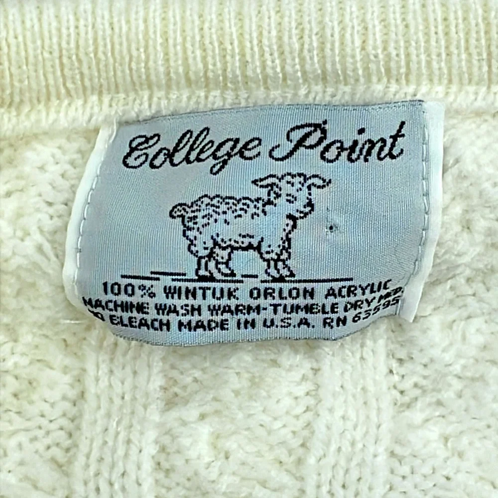 Vintage College Point Cream Cable Knit Cardigan Made in USA Measurements